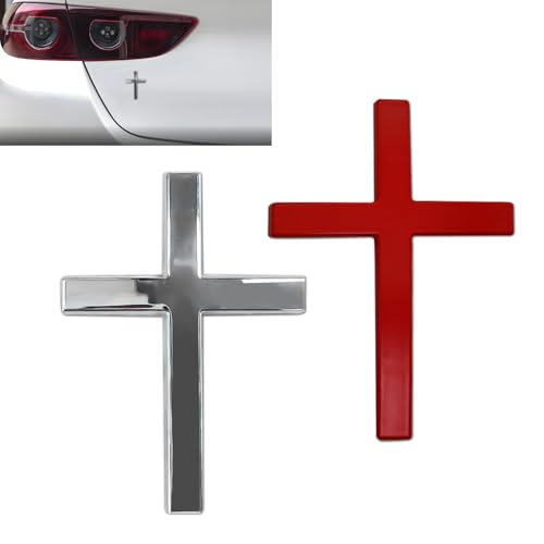 Image of 2PCS Metal Jesus Christ Cross Badge Stickers, Cross Decal, 2.5 inchx1.8 inch 3D Jesus Christ Car Emblem Badge Decal, Self Adhesive Scratch Covering Metal Emblem Decals Fit Car Body Fender Tail (Silver+Red)
