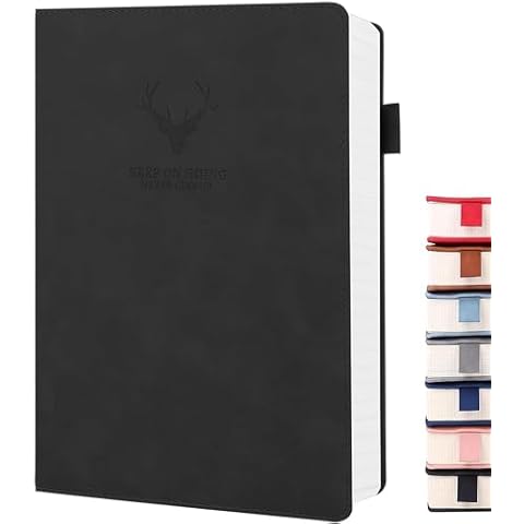 UIRIO Lined Journal Notebook - A5 Thick 360 Pages Wide Ruled Paper - Hardcover Leather Journal for Women, Men - Notebooks for Work, Writing, School (Black) Cover