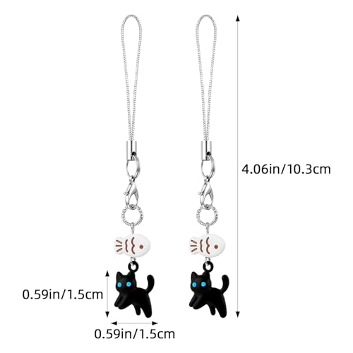 Ymapinc 2pcs Black Cat Phone Charms - Mini Cat+Fish Matching Pendant for Bag, Metal Kawaii Charm for Cell Phone Case Decor