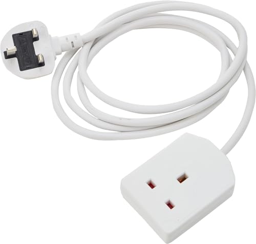 Single Socket Extension Lead 2 Meter 1 Way Mains Power 2m Cable 3 Pin Fused UK Plug Strip 13A Gang Extension Lead White Suitable For Outdoor Home