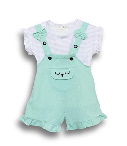 Image of Bold N Elegant Tide Edition Han Summer Suits Cartoon 2 pc Suspender Dungaree Baby Boy Girl Clothing Tshirt Shorts for little Kids (Green, 6 Months-12 Months)