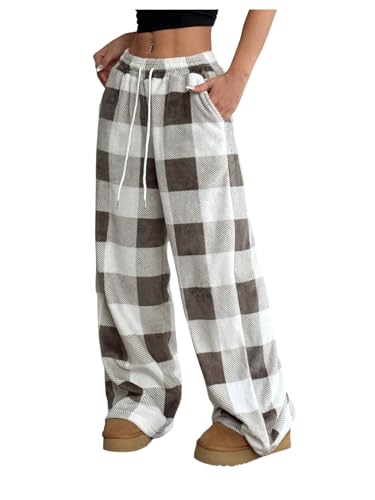 SOLY HUX Women's Plaid Pants Y2k Drawstring Wide Leg Baggy Pants Long Trousers with Pockets