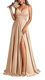 HPPEE Champagne Satin Bridesmaid Dresses for Women with Slit Pleated Spaghetti Strap V Neck Formal Dress Evening Gown UK6