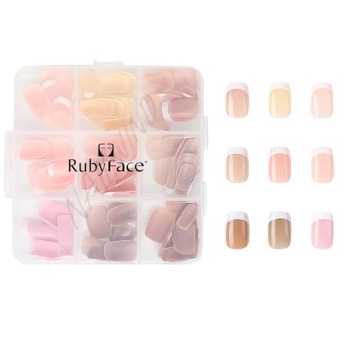 Image of 9 Color Press On Nails Fake Nail 216 Pcs, French tip press-on nails, Press on Nail, Artificial Nail Extensions Combo in Multicoloured, Full Cover Glossy Nude False Acrylic Nails for Women Girls (07, 216 count (Pack of 1))