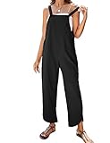 APAFES Women Summer Sleeveless Cotton Linen Black Bib Overalls Tulip Baggy Capri Jumpsuits with Pockets(0403-Black-L)