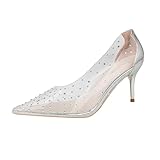 EGEBS Women's Rhinestones Clear Leather Stiletto Pumps Fashion Comfort Closed Pointed Toe Slip On High Heels Sandals for Party Prom Date Dress Shoes (Silver,8)