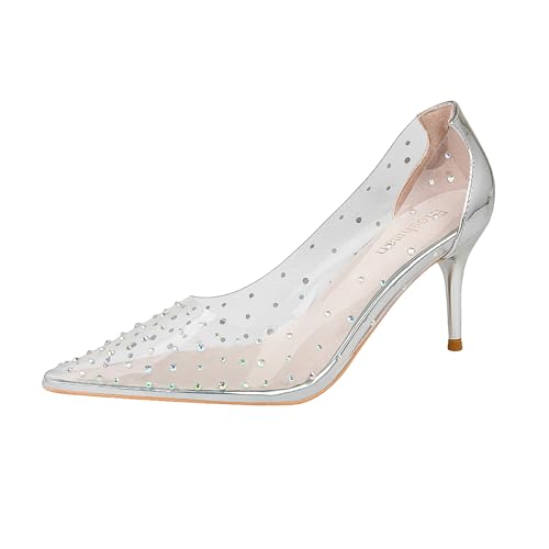Women's Rhinestones Clear Leather Stiletto Pumps Fashion Comfort Closed Pointed Toe Slip On High Heels Sandals for Party Prom Date Dress Shoes