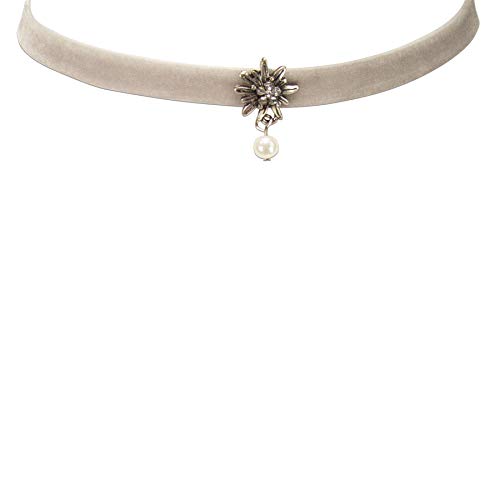 Velvet Choker Rhinestone Edelweiss with Pearl (grey) | Traditional German Necklace for Women | Elastic | Original Bavarian Jewelry for Dirndl Costume Dress & Oktoberfest2