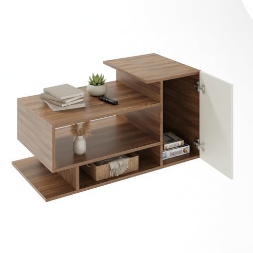 Image of FURNEASER Hanoi Modern Engineered Wood Coffee Table with Door & Storage Shelves | Center Table for Living Room & Sofa Area | Multi Level Open Rack Design | DIY Furniture (Exotic Teak & White)
