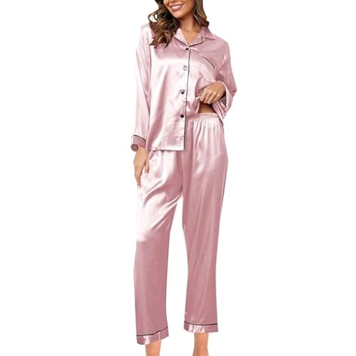 2025 Conjunto de pijama de seda para mujer, conjunto de pijama de satén de 2 piezas, manga larga, vestido abotonado, informal, con pantalones, camisón noruego, Rosa., S | Ya disponible en tu tienda friki favorita! En mundofriki.es!