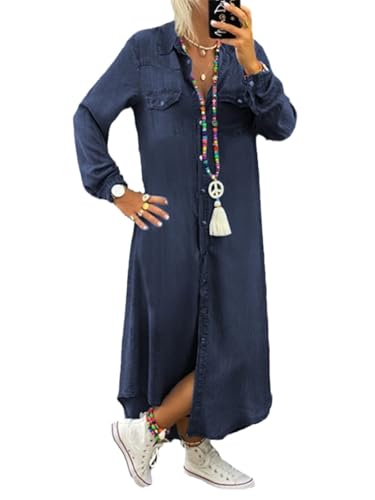 Agiyenna Damen Casual Loose Jeanskleid Einfarbig Langarm Maxikleid Leicht...