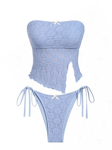 seamoly Lace Asymmetrical Slit Bowknot Decor Tie Side Tankini Set