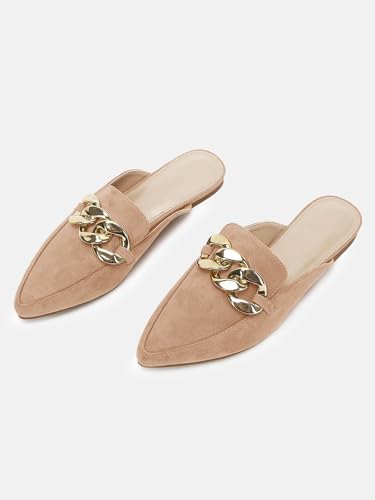 Image of Juliet Holy Womens Mules Flats Pointed Toe Backless Loafers Slip on Metal Chain Slides