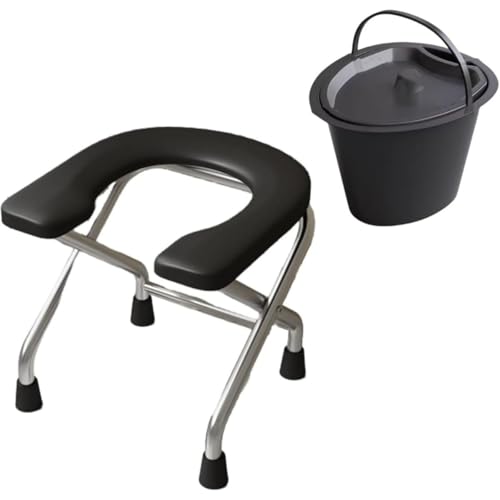 Figoday 折りたたみ ポータブルトイレ 介護 非常用 災害 キャンプ 軽量 コンパクト 収納 屋内 屋外 兼用 高さ調整 U字型 洗える 便座 滑り止め マット 付き 消臭機能 高齢者 妊婦 車椅子 身障者 一時用 簡易トイレ (42cm,黒+便器)