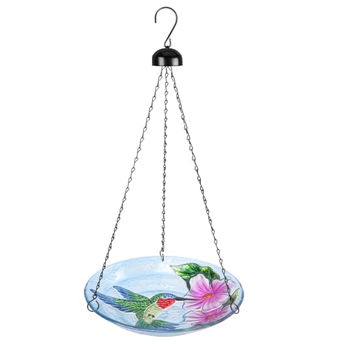 VCUTEKA Glass Hanging Bird Bath for Outdoors, BirdBaths with 21-Inch Rust-Proof Chain, Garden Yard Decor, Hummingbird Pattern