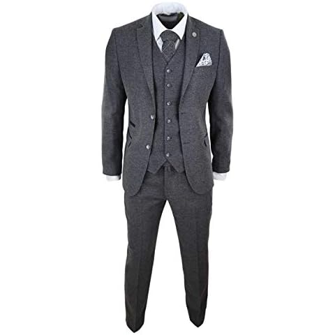 Mens Wool Tweed Suit 3 Piece Authentic 1920s Tailored Fit Classic Grey Cover