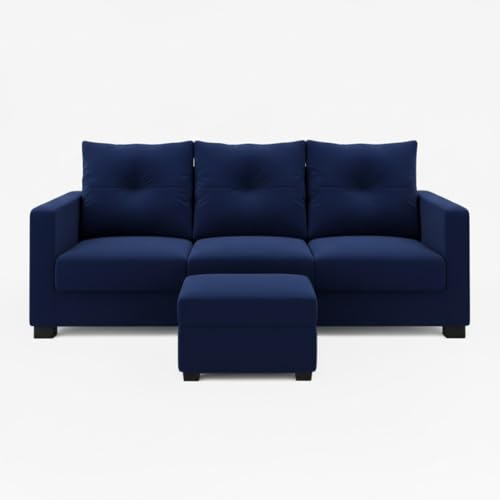 Image of FURNY Amonster 4 Seater L Shape Sofa Set with Movable Ottoman | Flexible Left or Right Layout | Plush Velvet Fabric (Dark Blue) | Perfect for Living Room, Guest Room & Office