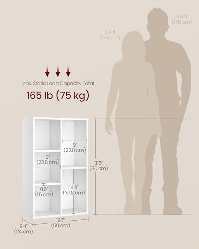 VASAGLE Bookcase, Bookshelf, Storage Shelf with 5 Compartments, Standing Shelf, Cube Shelf, for Living Room, Home Office, Dinning Room, Cloud White LBC25WT