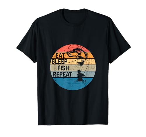 RTstyles Eat Sleep Fish Repeat - Angler Retro lustig Fischer fischen T-Shirt Schwarz Unisex Klein EU 40.5 Crew-Ausschnitt Halbarm Klassische Passform Polyester 100% Imported Herren Fishing-T-Shirts