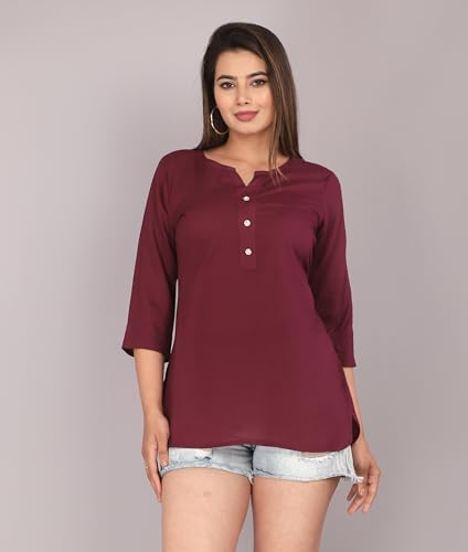 Image of Himanshi enterprises Women's Traditional Casual 3 /4 Sleeves Mandarin Nack Rayon Solid Short Kurti