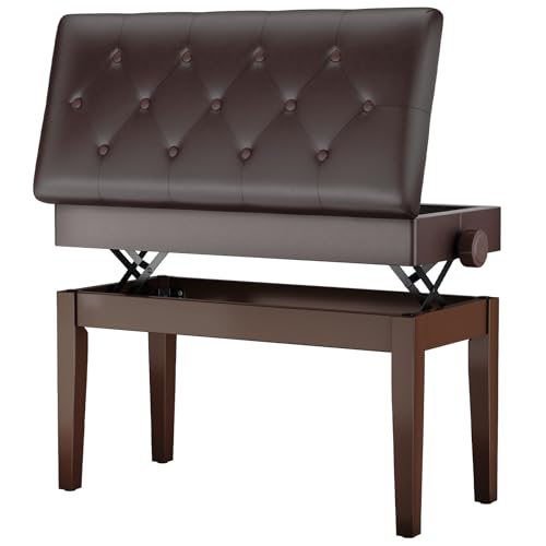 MAMIZO Banqueta Piano Regulable Altura 72x33x58CM, Banco Piano con Espacio Almacenamiento, Silla Piano, Banqueta Piano Carga Máxima 200KG, 4 PCS Patas Piano Madera Maciza, Marrón Oscuro