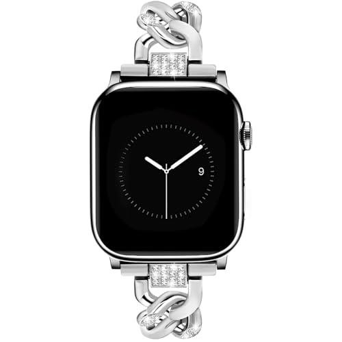 Image of JR.DM Silver Watch Bands for Women Compatible with Apple Watch 38mm 40mm 41mm 42mm(S10 /11) Bling Diamond Adjustable Metal Single Chain Bracelet for iWatch Series 11 /10 /9 /8 /7 /6 /5 /4 SE 3 /2 /1(No Case)