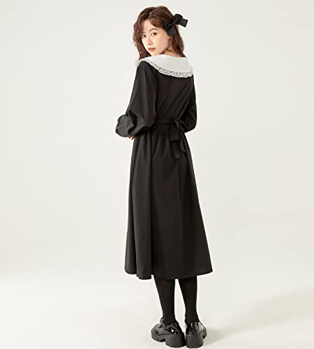 Packitcute Teen Girls Gothic Long Sleeve Dress Japanese Style Harajuku Casual Turndown Collar Midi Dresses Black3