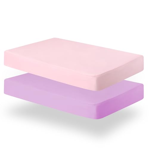 Image of Biloban Pack and Play Sheets Fitted, 2 Pack Pack and Play Sheet Fits for Graco Pack n Play Mattress, Neutral Playard Sheets for Baby Boys and Girl, Pink & Violet