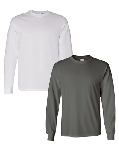 T-shirt manches longues Gildan coton épais, lot 2, moyen blanc/gris