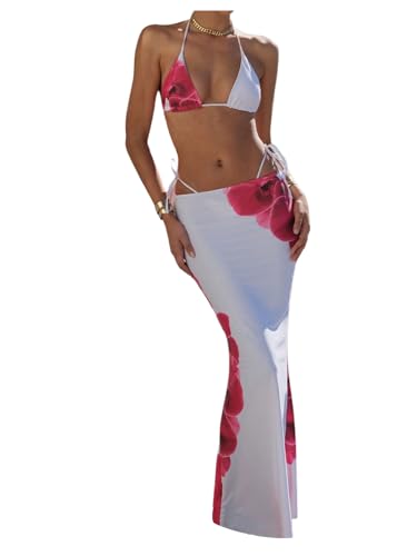 Women's 3 Piece Floral Swimsuit Halter Triangle String Bikini with Bodycon Beach Skirts Cover Up