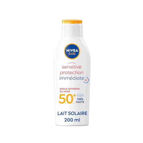 NIVEA SUN Lait solaire Sensitive protection immédiate FPS 50+ (1x200 ml), protection anti UV non parfumée & résistante à l’eau, écran solaire texture...