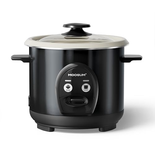 MOOSUM Olla arrocera con un solo toque y vaporizador de alimentos, 0.6L-3 tazas, para 1-2 personas, cocción rápida sin quemar, revestimiento antiadherente extraíble, incluye mantener el calor 24 horas