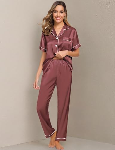 Image of SWOMOG Women Satin Pajamas Set Short Sleeve Top & Pants Sleepwear Silky Button Down Nightwear 2pcs Loungewear Pjs Set Nostalgia Rose Small