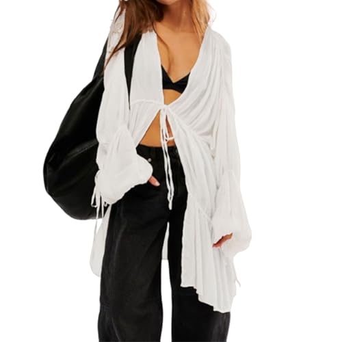 Summer Beach Cover Up Ruched Bell Sleeve Tops Women Bow Tie Front V Neck Shirt