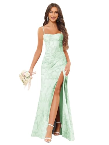 Floral Bridesmaid Dresses Mermaid Lace Spaghetti Straps Pleated Formal Wedding Guest Dress with Slit