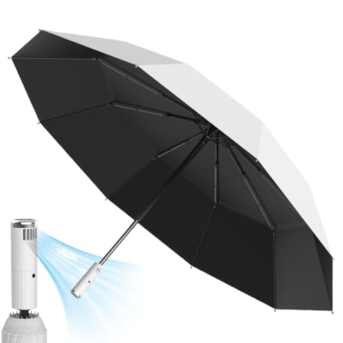 Paraguas con Ventilador 3 velocidades Protección Solar Paraguas de Verano Resistente a la Lluvia Enfriamiento portátil Recargable Triple Estable automático para Playa, Exterior (Gris)