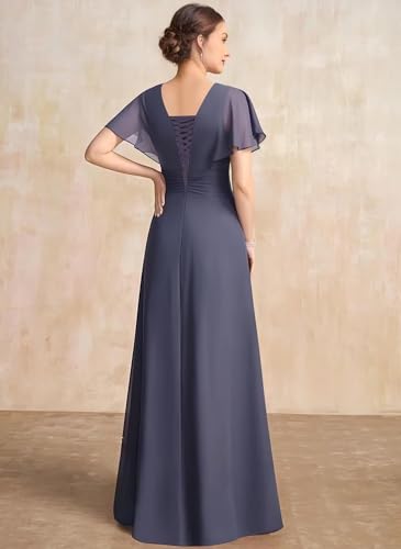 Chiffon Mother of The Bride Dresses for Wedding Guest Long Ruched Flutter Sleeves Evening Dresses JH0222