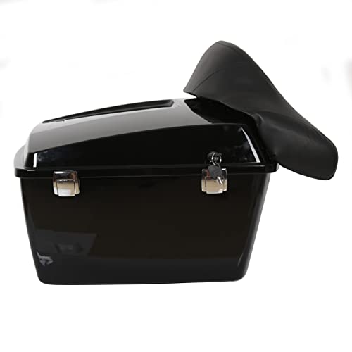 Image of ECOTRIC Motorcycle Trunk W /Backrest Pad Compatible with 1997-2013 Harley Davidson Touring Electra Glide Road King Touring Luggage Storage Box Black (Chrome Latches)