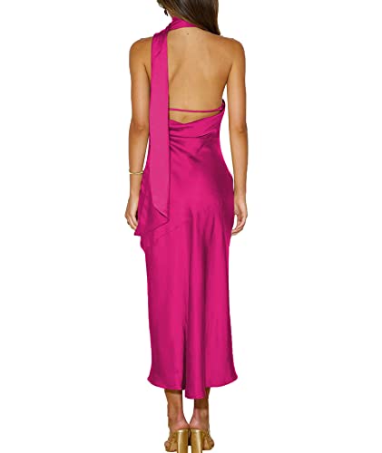 Image of Sexyshine Women's Elegant Halter Tie Neck Sleeveless Satin Long Dress Backless Split Cocktail Party Formal Wedding Maxi Dress