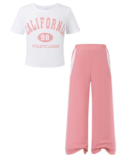 YOURUIKEY Clothes for Girls 10-12 Kids Summer 2 Piece Outfits Short Sleeve Shirts & Sweatpants Set with Pockets Sweatsuit