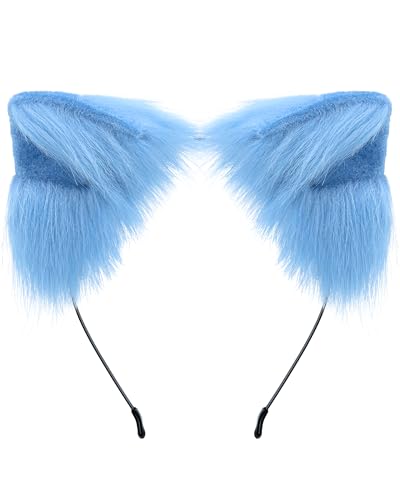 OURIZE Realistic Furry Fox Cat Ears Headband Adult Cosplay Costume Accessory for Halloween Christmas (Blue)