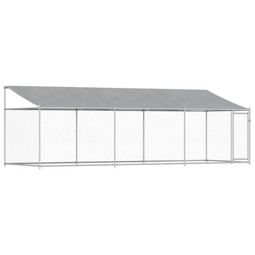vidaXL Hundezwinger, Hundehütte mit Dach Tür, Hundekäfig mit Maschen-Design, Hundehaus Hühnerstall Drahtkäfig, Grau Verzinkter Stahl