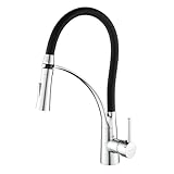 RODDEX Pullout Kitchen Faucet Flexible Silicone Sprayer Single Handle Pull Down Brass Gooseneck Kitchen Sink Faucet Modern High Arc Faucet, Polished Chrome w/Black Rubber Pull Out Spout Hose