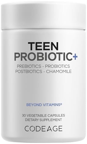 Codeage Teen Probiotic+ Supplement - 25 Billion CFU Probiotic Blend with Prebiotics Postbiotics & Chamomile - Gut & Digestion Support for Teens and Teenagers 12 & Up - Non-GMO- 30 Capsules