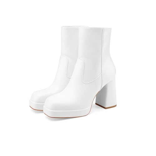 Oh Mispares Women's Platform High Chunky Heeled Ankle Boots Cozy Leather Gogo Boots Square Toe Side Zipper Booties3