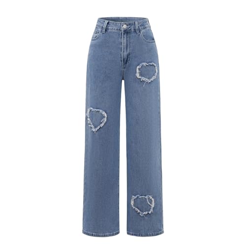 Women's High - Waist Wide Leg Heart Print Boyfriend Jeans - Vintage & Fashion