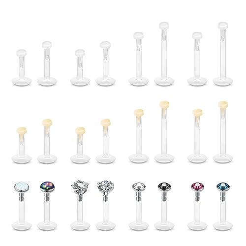 16G Clear Plastic Earrings for Work Sports Surgery, Bioflex Flat Back Push in Piercing Studs for Lip Labret Medusa Mornoe Ashley Dimple Cartilage Helix Conch Nose 6mm 8mm 10mm 12mm