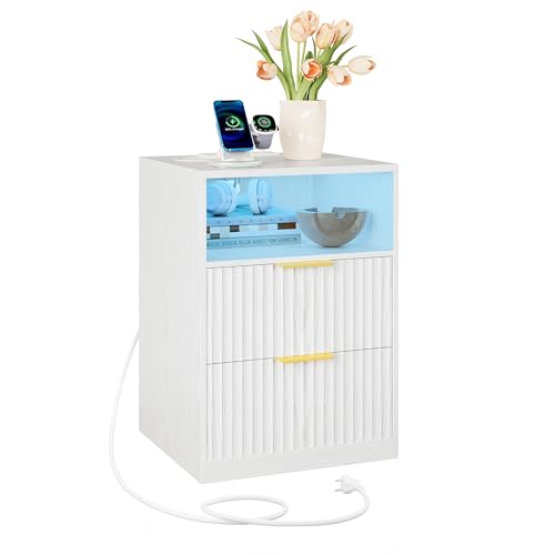 IRONCK Nachttisch mit LED-Licht & Ladefunktion, Nachtschrank mit 2 Schubladen und 1 Offenes Fach, Beistelltisch mit USB+Typ-C Anschlussen, Sofatisch...