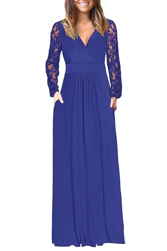 Image of AUSELILY Womens Long Sleeve Maxi Dress 2026 Fall Lace Long Sleeve Dress V Neck Wrap Waist Long Dresses with Pockets