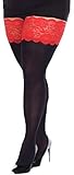 Unbekannt Plus Big Size halterlose Strümpfe schwarz, breite 15 cm farbige Spitze, 100 den blickdicht (schwarz-rot)